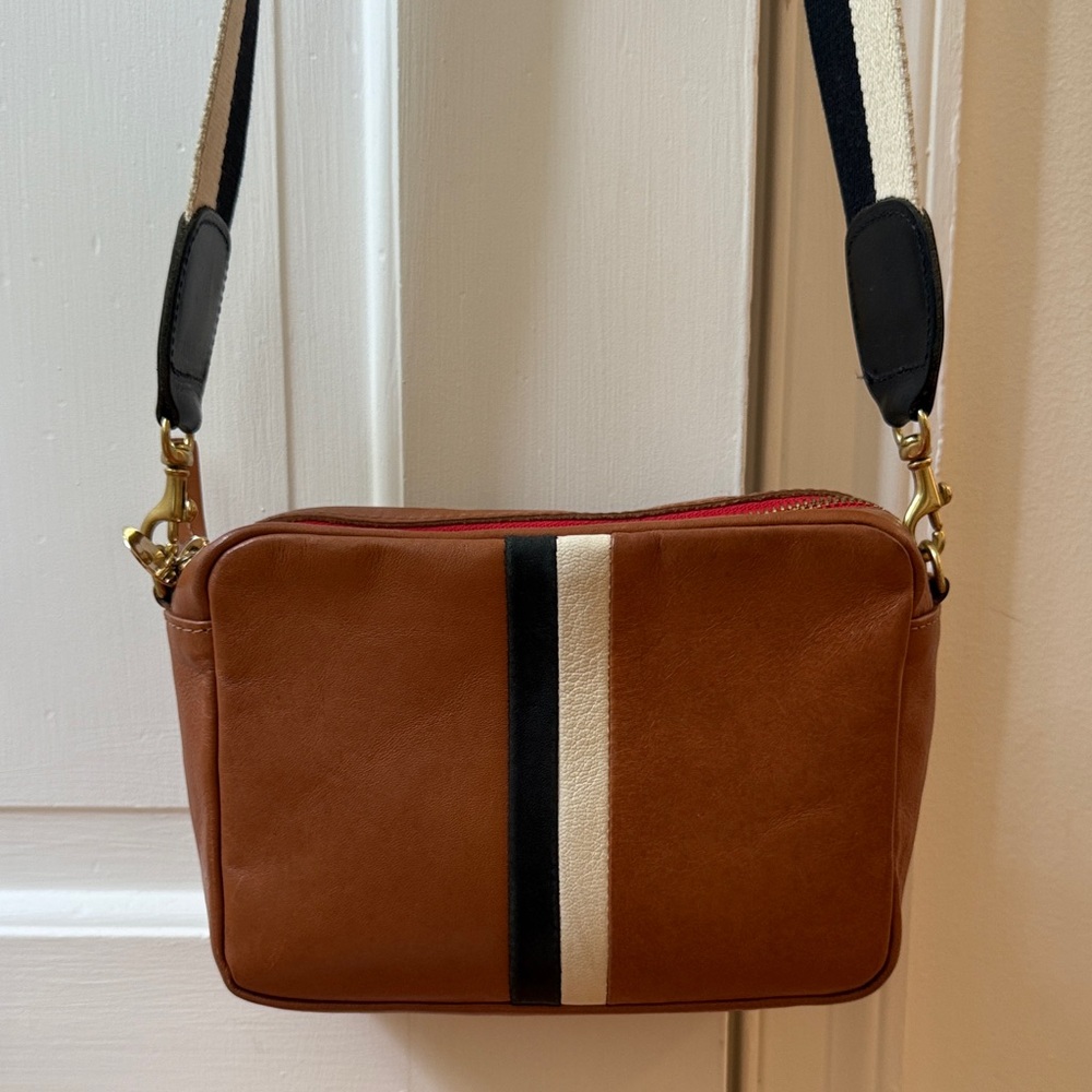 Clare V Midi Sac Natural w/ stripes + Black/Cream Stripe Strap